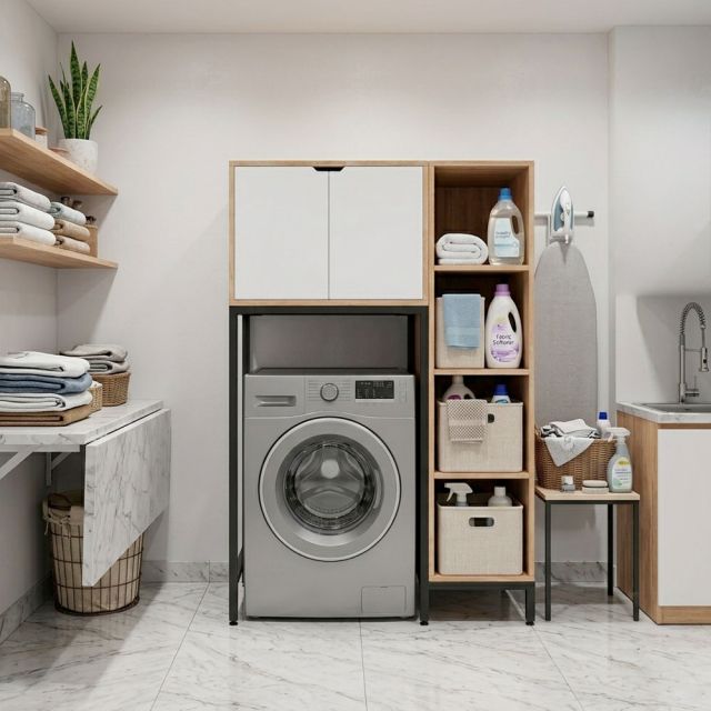 Kệ máy giặt liền tủ kệ 105x65x155cm gỗ cao su KMG68019