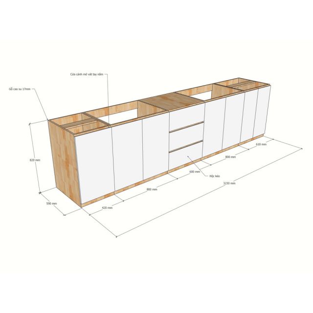 Tủ bếp dưới 323x60x85cm mặt đá hoa cương gỗ cao su TBD68014