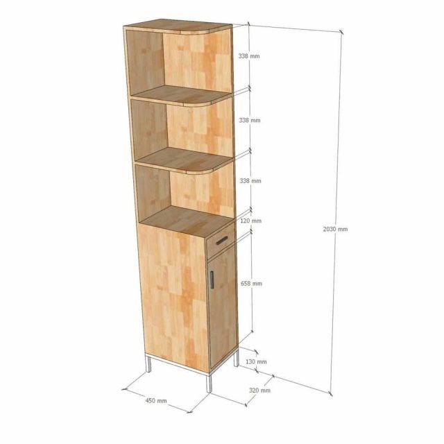 Tủ kệ góc tường 32x45x200cm gỗ cao su chân sắt KGT68061