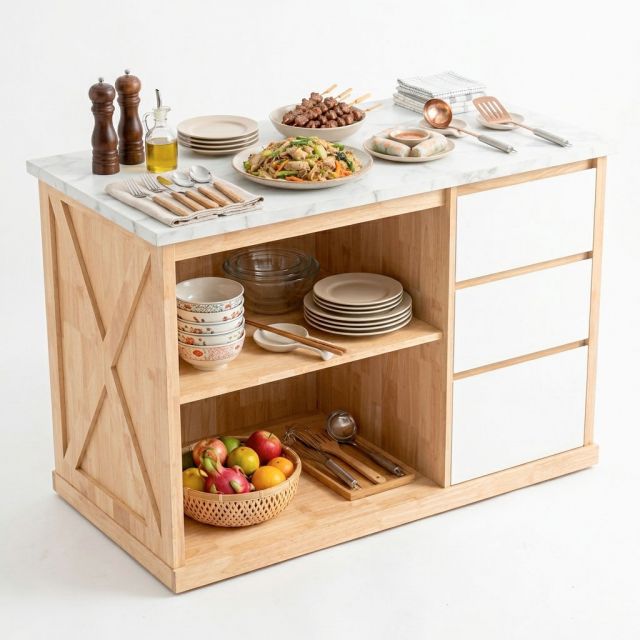 Bàn đảo bếp 120x61x85cm mặt đá gỗ cao su KISL014