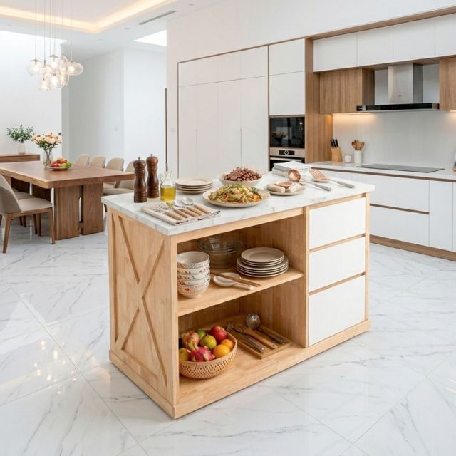 Bàn đảo bếp 120x61x85cm mặt đá gỗ cao su KISL014