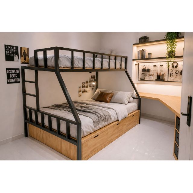 Giường tầng 3 người có hộc kéo gỗ cao su khung sắt - GT024
