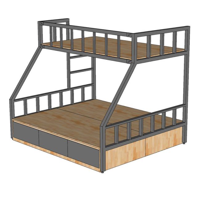 Giường tầng 3 người có hộc kéo gỗ cao su khung sắt - GT024