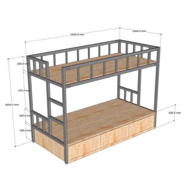 Giường tầng lắp ráp 106x216x160cm gỗ cao su GT022