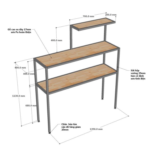 Kệ bếp đa năng 135x40x155cm gỗ cao su KB68105