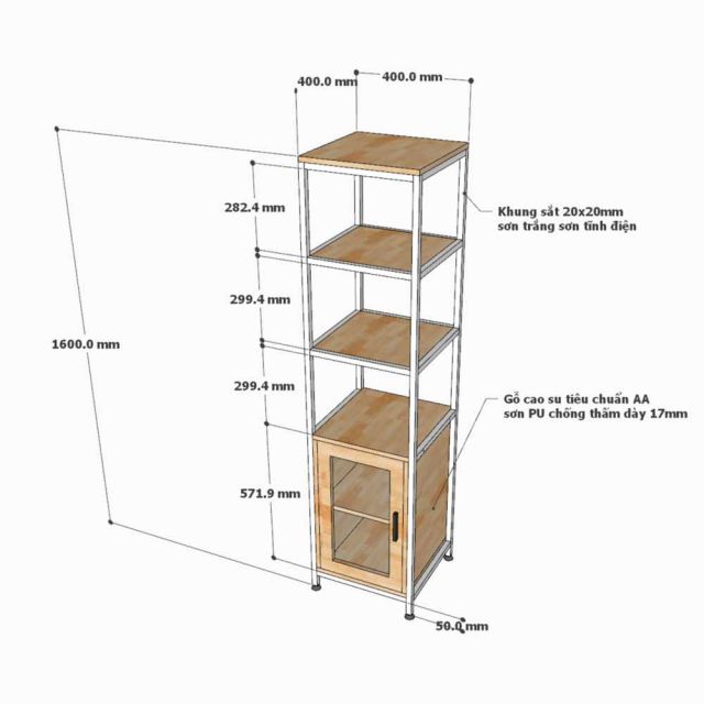 Kệ trang trí 40x40x160cm gỗ cao su khung sắt KTT68090