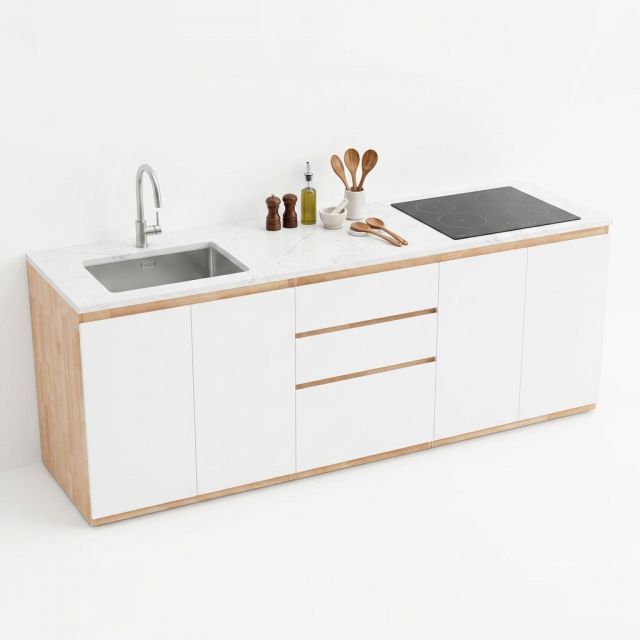 Module tủ bếp dưới để bếp 160x59x82cm gỗ cao su MTBD021