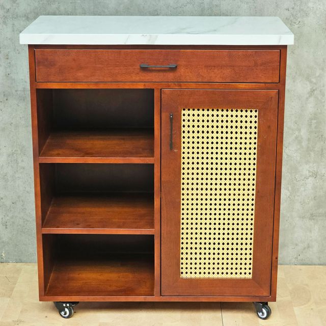 Bàn đảo bếp di động 80x40x85cm gỗ cao su mặt đá KISL005