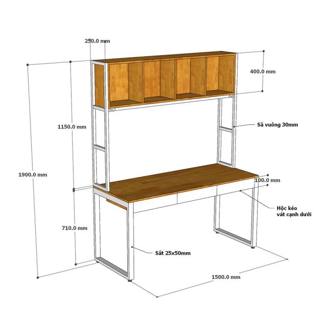 Bàn làm việc 150cm liền kệ sách gỗ cao su khung sắt lắp ráp - FD68094