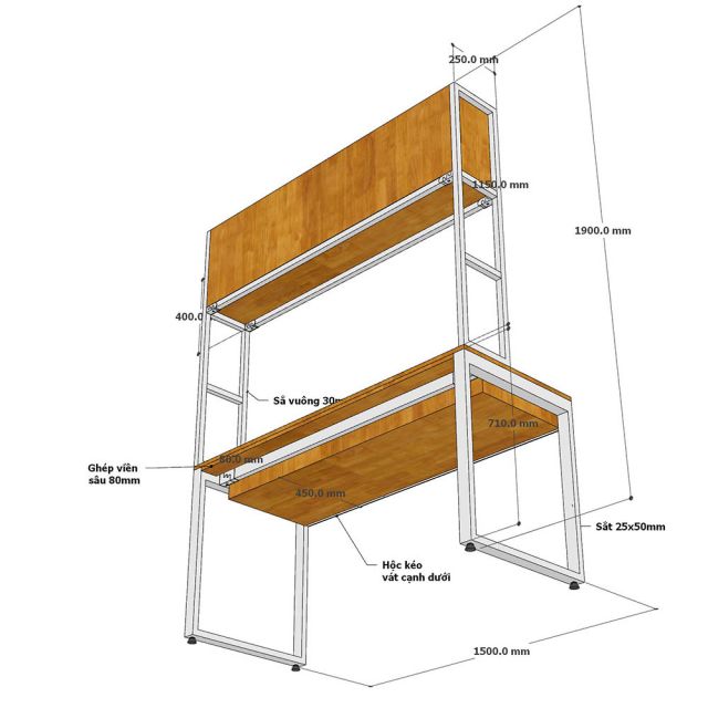 Bàn làm việc 150cm liền kệ sách gỗ cao su khung sắt lắp ráp - FD68094
