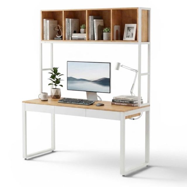 Bàn làm việc 150cm liền kệ sách gỗ cao su khung sắt lắp ráp - FD68094