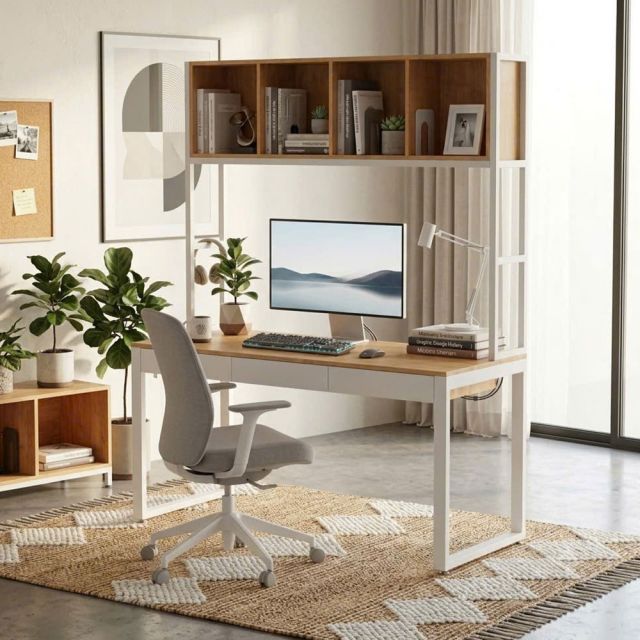 Bàn làm việc 150cm liền kệ sách gỗ cao su khung sắt lắp ráp - FD68094