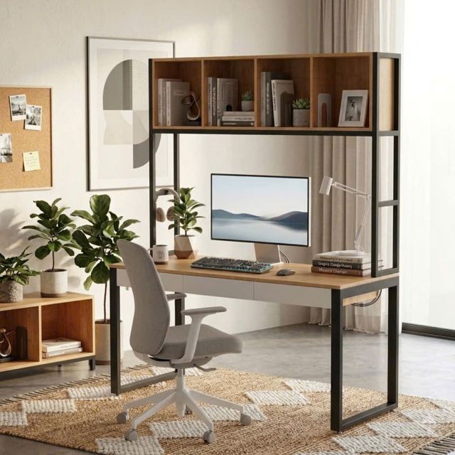 Bàn làm việc 150cm liền kệ sách gỗ cao su khung sắt lắp ráp - FD68094