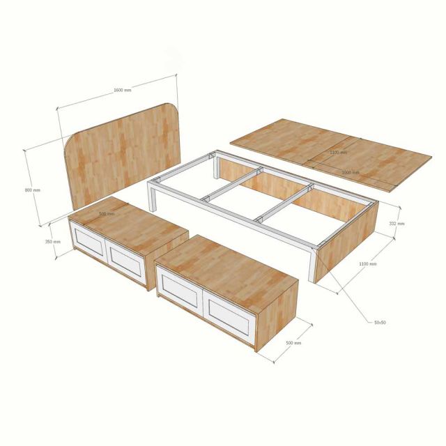 Giường ngủ cho nệm 160x200cm gỗ cao su có hộc kéo GN68080