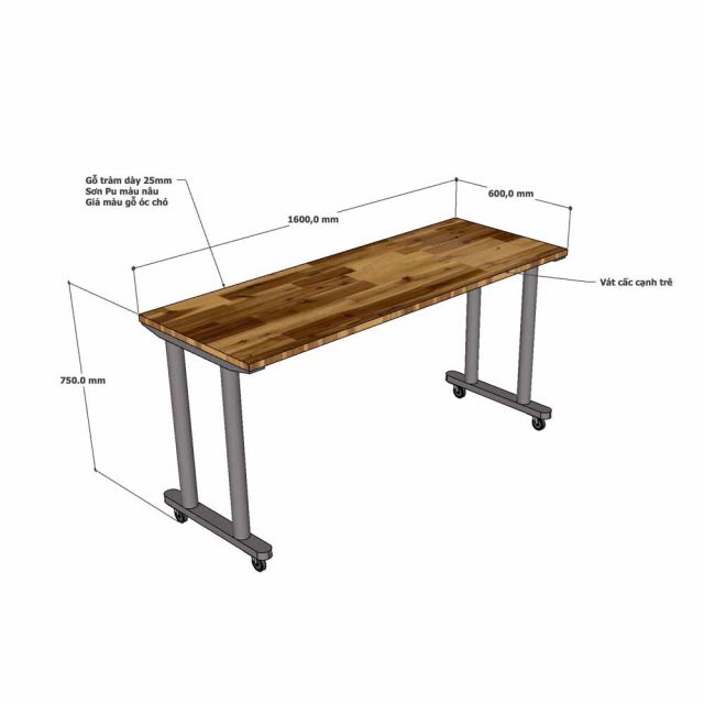 Bàn di động 160x60x75cm gỗ tràm chân hệ TIO HBTO055