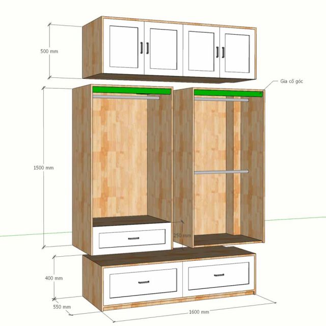 Tủ quần áo 160x55x240cm gỗ cao su TQA68106