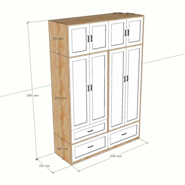 Tủ quần áo 160x55x240cm gỗ cao su TQA68106