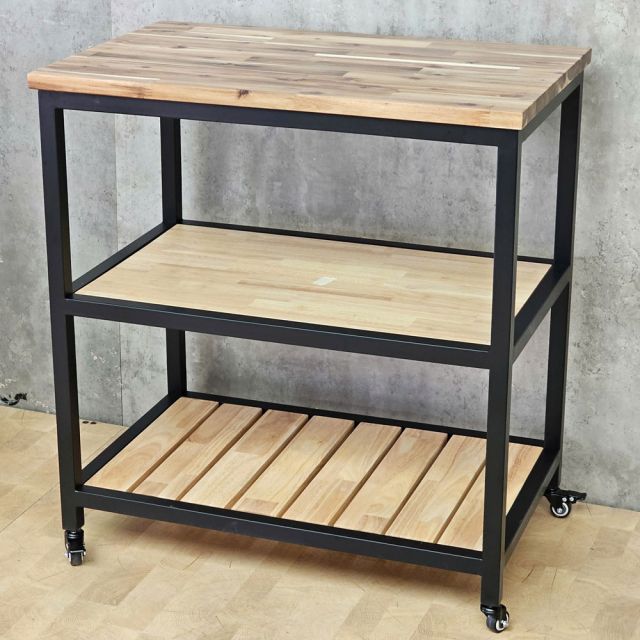 Kệ bếp di động 3 tầng 80x50x86cm gỗ tự nhiên khung sắt KB68106