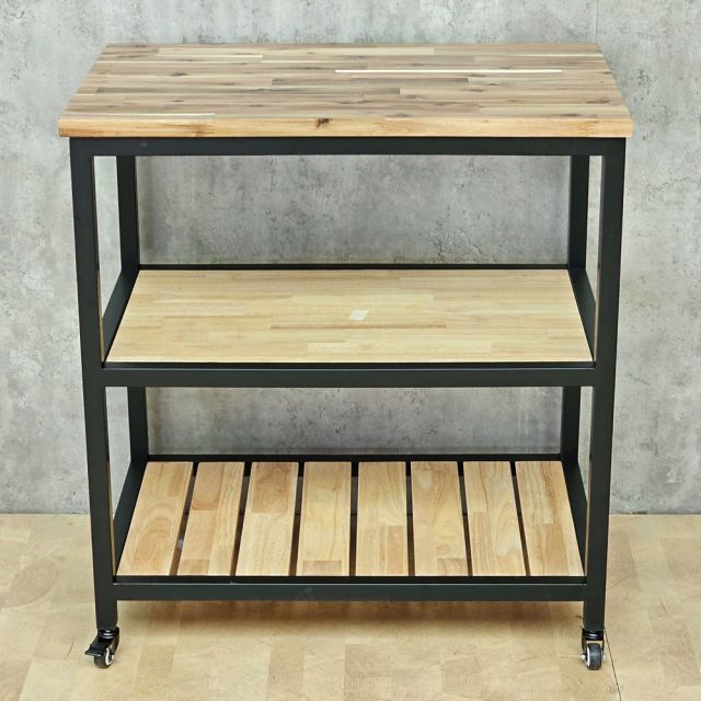 Kệ bếp di động 3 tầng 80x50x86cm gỗ tự nhiên khung sắt KB68106