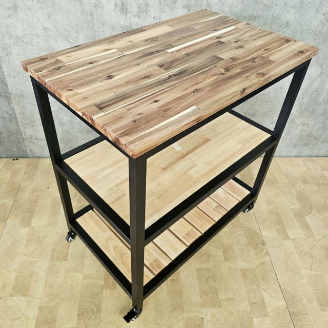 Kệ bếp di động 3 tầng 80x50x86cm gỗ tự nhiên khung sắt KB68106