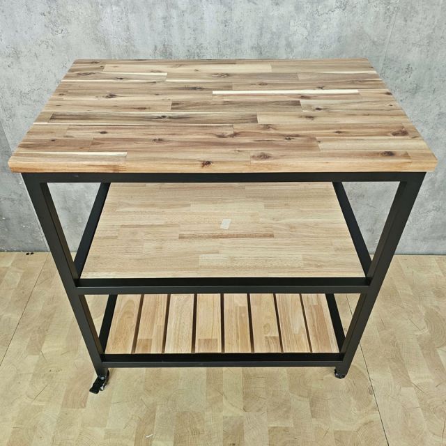 Kệ bếp di động 3 tầng 80x50x86cm gỗ tự nhiên khung sắt KB68106