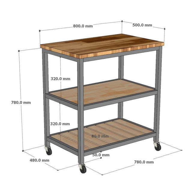Kệ bếp di động 3 tầng 80x50x86cm gỗ tự nhiên khung sắt KB68106