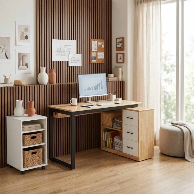 Bàn làm việc gác tủ 120x60cm gỗ cao su hệ Rectang HBRT148