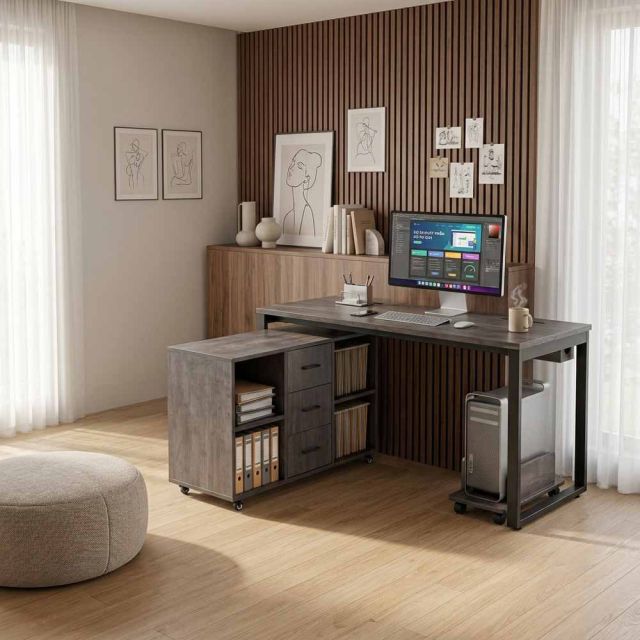 Combo bàn làm việc kết hợp kệ để đồ gỗ tự nhiên chân sắt sơn tĩnh điện CB68218