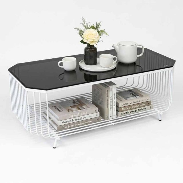 Bàn sofa chữ nhật 120x60x45(cm) mặt kính khung sắt tròn TT68195