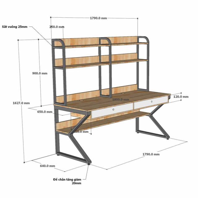 Bàn học kết hợp kệ sách 180x65x160cm gỗ cao su chân sắt sơn tĩnh điện FD68095