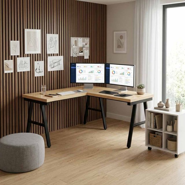 Bàn làm việc góc chữ L 140x140cm gỗ thông chân sắt hệ AConcept HBAC061