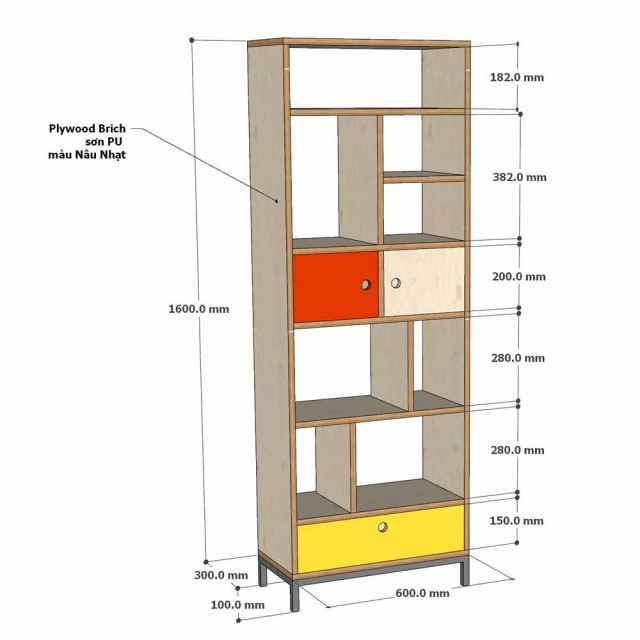 Kệ tủ trang trí 60x30x170cm gỗ Plywood Venner Brich chân sắt KTT68098