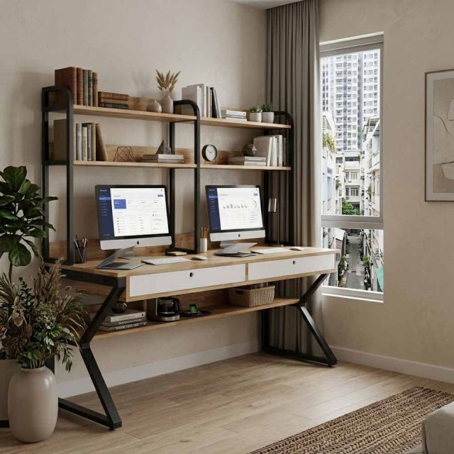 Bàn học kết hợp kệ sách 180x65x160cm gỗ cao su chân sắt sơn tĩnh điện FD68095