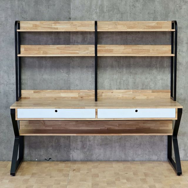 Bàn học kết hợp kệ sách 180x65x160cm gỗ cao su chân sắt sơn tĩnh điện FD68095