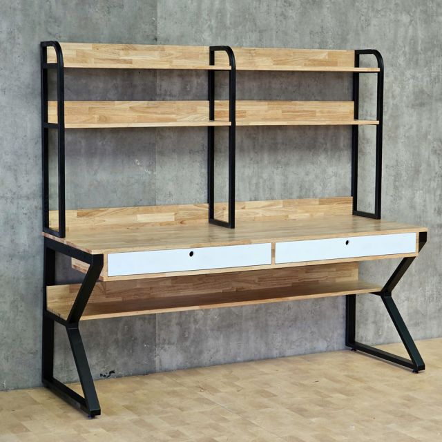 Bàn học kết hợp kệ sách 180x65x160cm gỗ cao su chân sắt sơn tĩnh điện FD68095