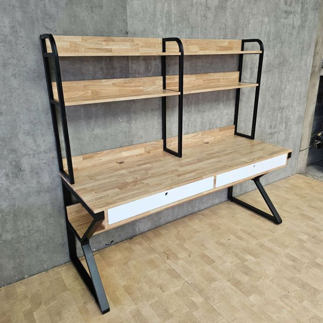 Bàn học kết hợp kệ sách 180x65x160cm gỗ cao su chân sắt sơn tĩnh điện FD68095