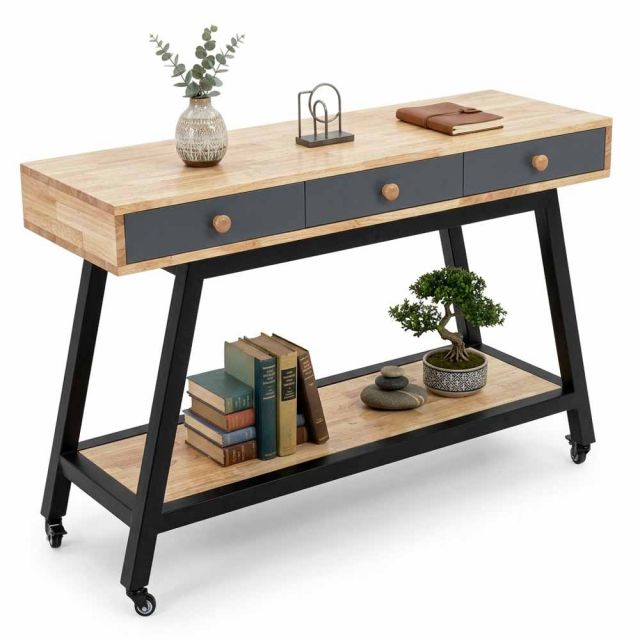 Bàn console di động có ngăn kéo 120x40x80cm gỗ cao su chân sắt CST118