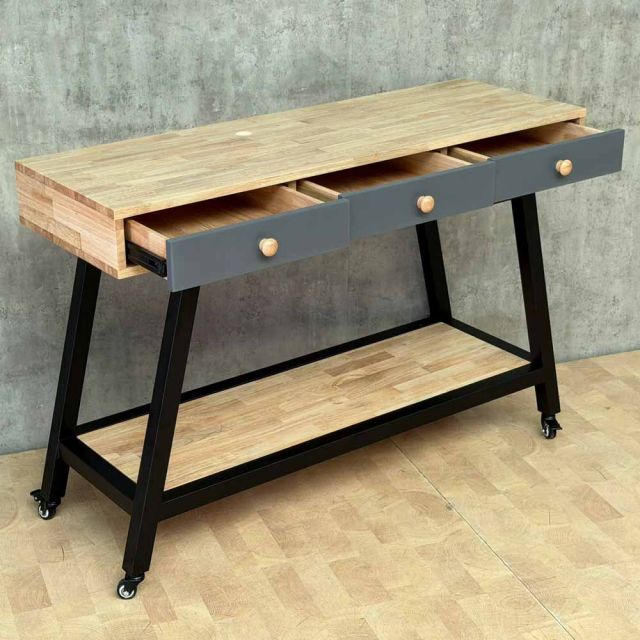 Bàn console di động có ngăn kéo 120x40x80cm gỗ cao su chân sắt CST118