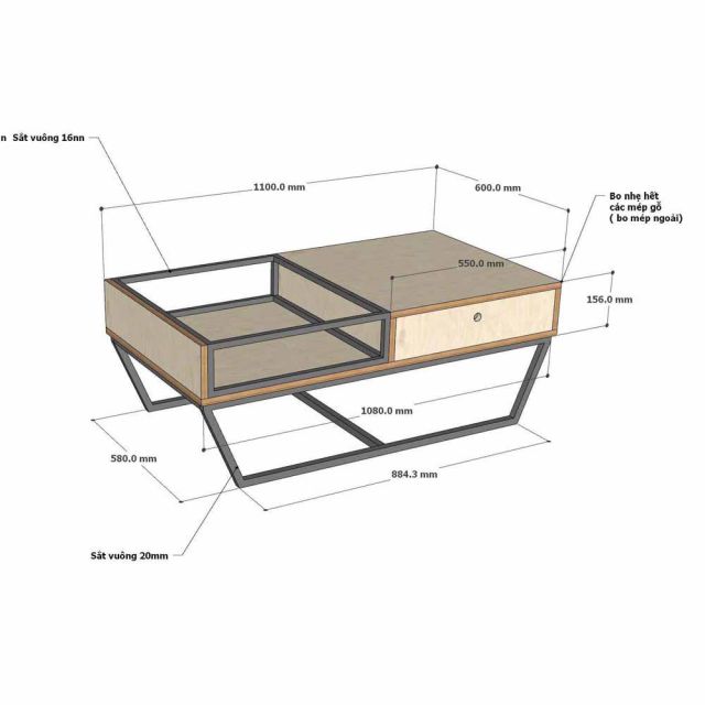 Bàn Sofa 110x60cm Plywood Venner Brich kết hợp khung sắt sơn tĩnh điện TT68380
