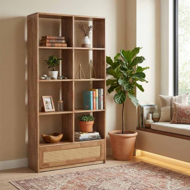 Kệ sách 91x40x180cm gỗ cao su cửa lưới mây KS68378