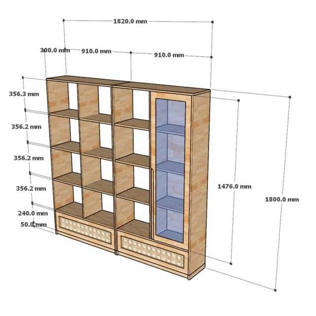 Kệ sách 182x40x180cm gỗ cao su cửa lưới mây KS68380