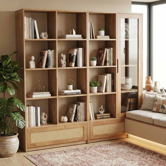 Kệ sách 182x40x180cm gỗ cao su cửa lưới mây KS68380