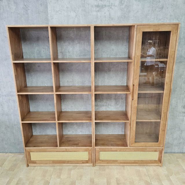 Kệ sách 182x40x180cm gỗ cao su cửa lưới mây KS68380