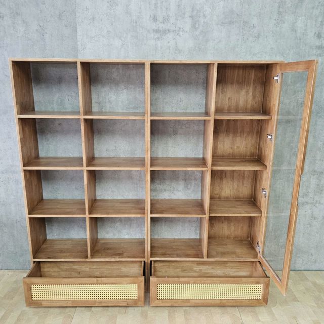 Kệ sách 182x40x180cm gỗ cao su cửa lưới mây KS68380