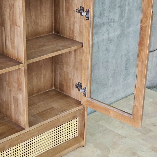 Kệ sách 91x40x180cm gỗ cao su cửa kính ngăn kéo lưới mây KS68379