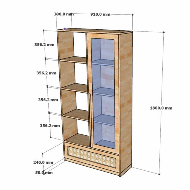 Kệ sách 91x40x180cm gỗ cao su cửa kính ngăn kéo lưới mây KS68379