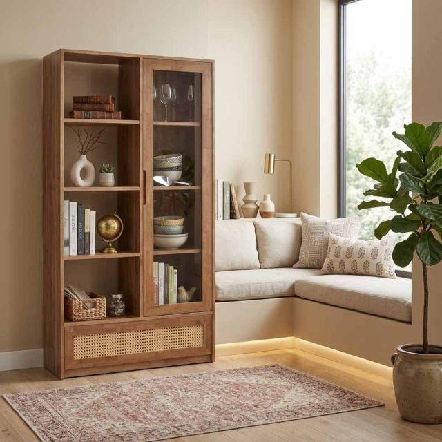 Kệ sách 91x40x180cm gỗ cao su cửa kính ngăn kéo lưới mây KS68379
