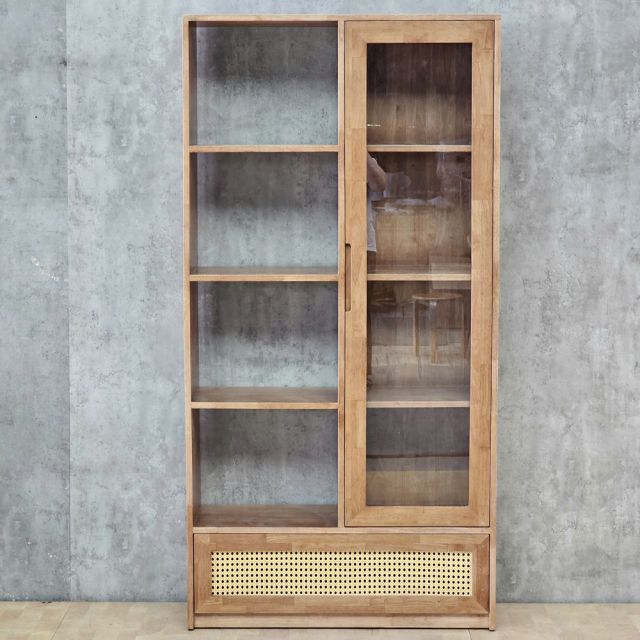 Kệ sách 91x40x180cm gỗ cao su cửa kính ngăn kéo lưới mây KS68379