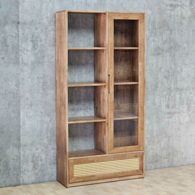 Kệ sách 91x40x180cm gỗ cao su cửa kính ngăn kéo lưới mây KS68379