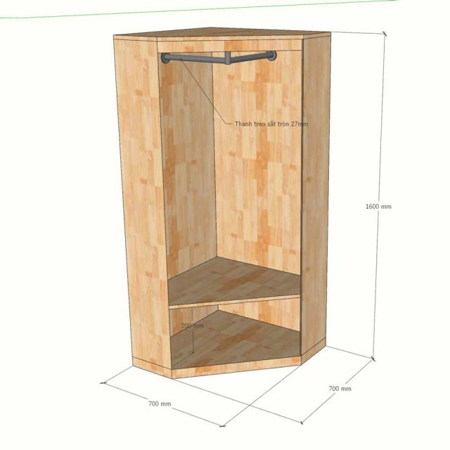 Tủ quần áo góc tường 70x70x160cm gỗ cao su TQA68107